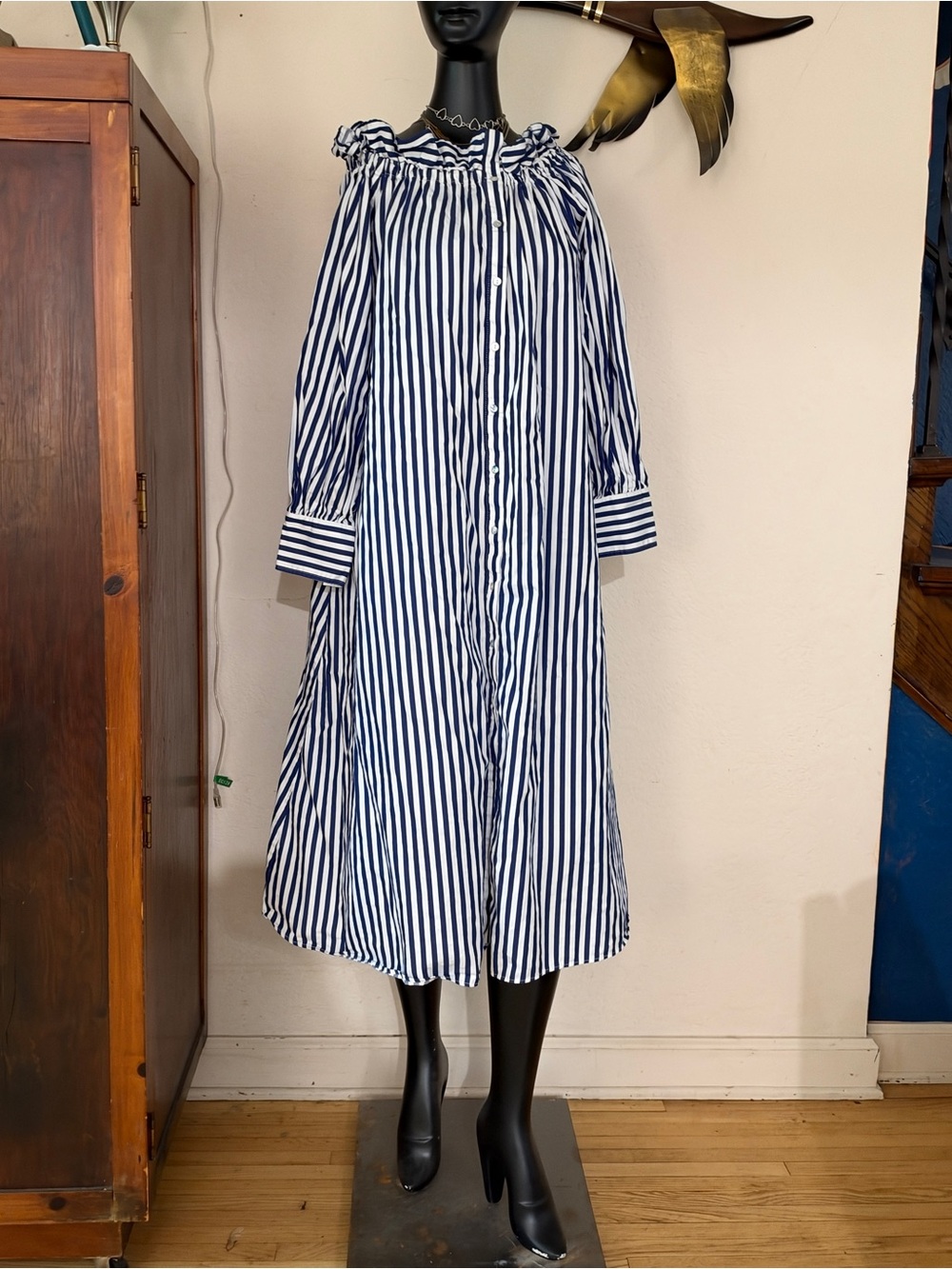 H&M off the shoulder Striped Navy and White Button-Front Midi Dress